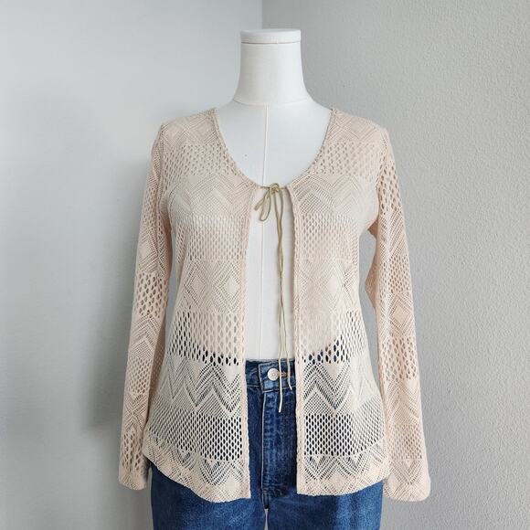 Y2K Sarah Beige Open Knit Crochet Cardigan Long Sleeve Tie Front Sweater L/XL - Picture 1 of 9